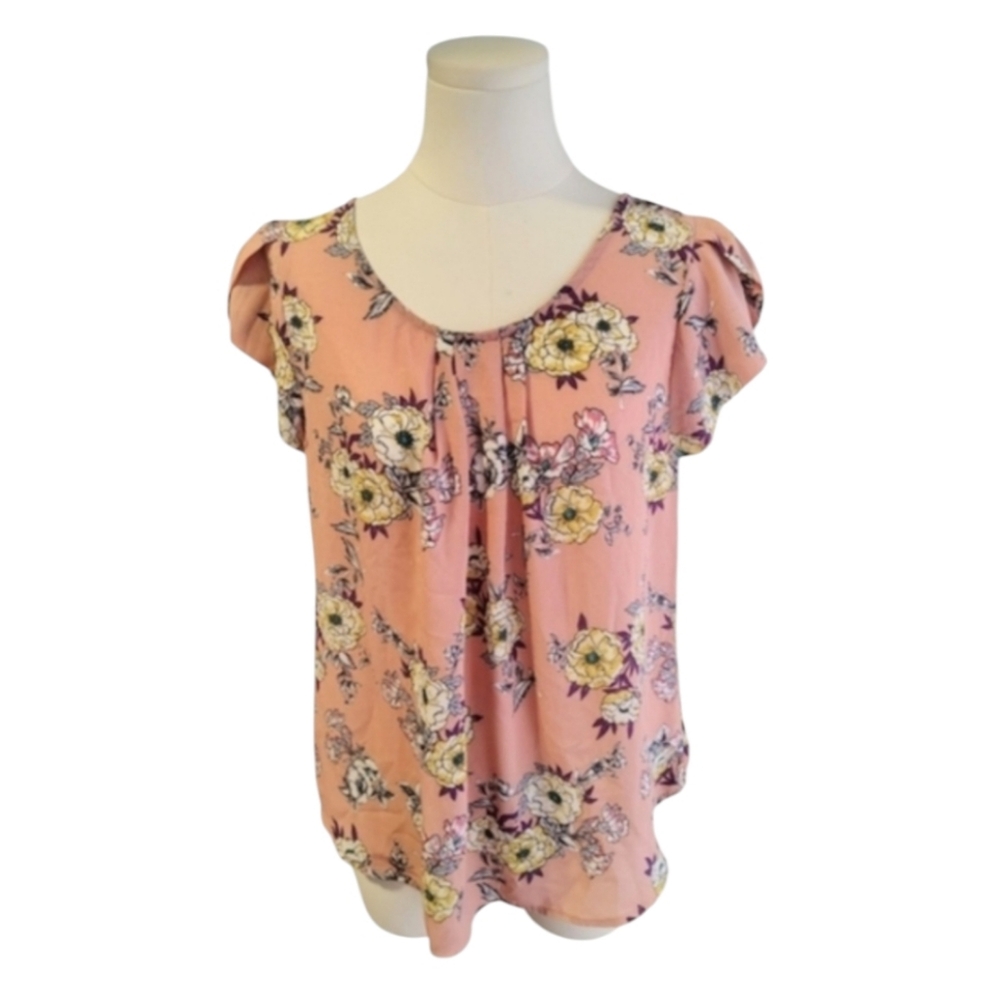 EUC Papermoon Floral Keyhole Pink and Yellow Ruffle Sleeve Blouse Size Large